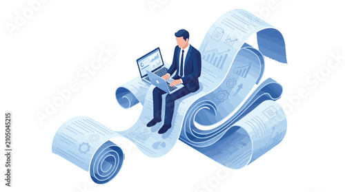 Professional businessman sitting on a long scrolling paper document working on his modern laptop computer device
