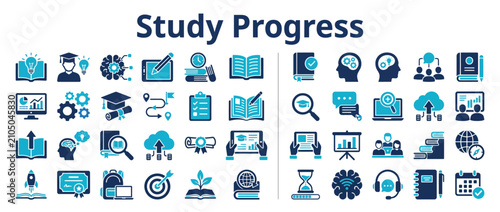 Study progress tracking with educational icons and symbols. Academic achievement vector illustration set for students and teachers.