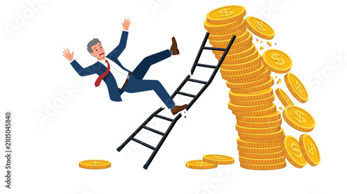 фотографія Panicked businessman falling off a broken ladder next to a collapsing stack of g