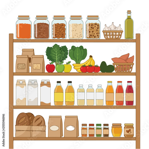 Well-stocked pantry shelves filled with a variety of fresh produce, grains, and canned goods for healthy eating