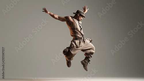 Male contemporary dancer mid-air jump showing movement, energy and urban style in studio fashion pose