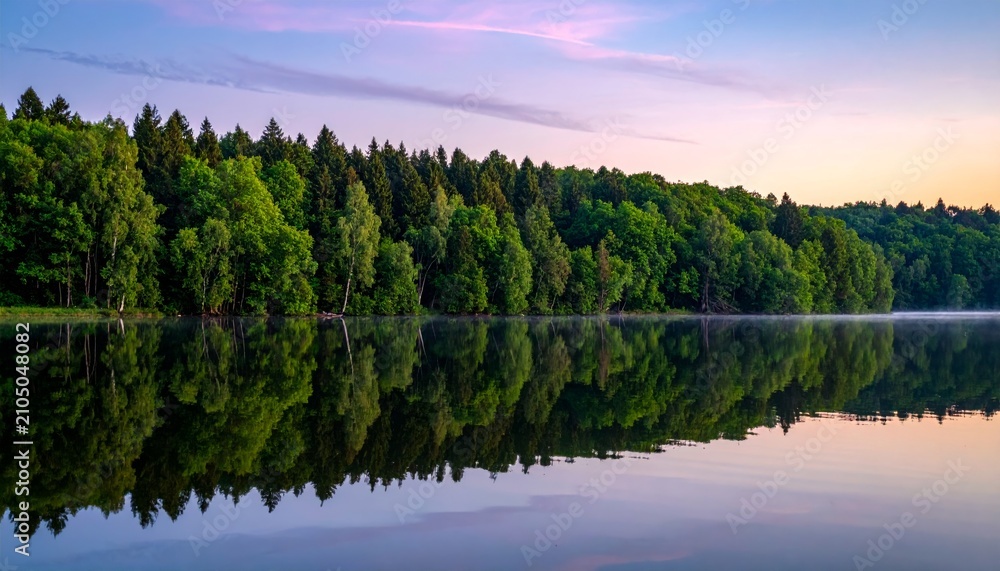 Obraz premium Serene Mountain Lake Landscape with Crystal Clear Water Reflection, Snowy Alps, Forest Trees and Cloudy Sky in Scenic Nature Wilderness Travel Destination