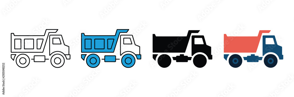 Fototapeta premium Dump truck icon set in four styles, construction vehicle vector illustrations, heavy machinery symbols for logistics and industrial design