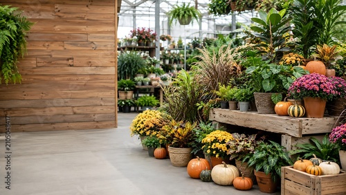 Autumnal garden center display with pumpkins and mums