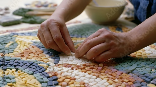 Close up of hands carefully placing small colorful tiles to form a mosaic pattern on a surface