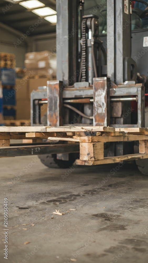 Fototapeta premium Industrial Forklift Lifting Wooden Pallet in Warehouse with Cardboard Boxes