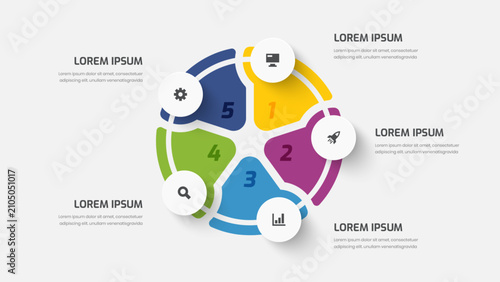 Business Infographic Template with Rounded Label, Five Options and Icon for Presentation