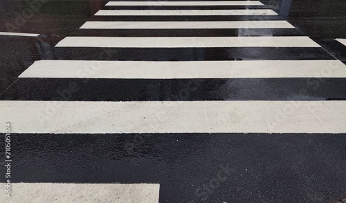 Photo of a wet zebra crossing on a rainy city street with white pedestrian lines reflecting on dark damp asphalt.