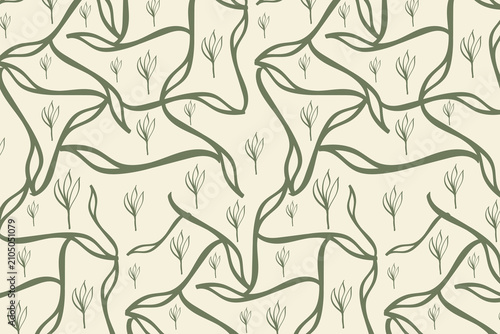 Obraz na plátne Flowing green vine swirls spread gracefully across cream for a soft paisley-inspired look