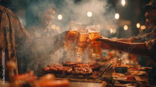 Friends celebrating with drinks at a summer barbecue surrounded by smoke and delicious grilled food