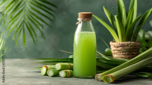Refreshing green juice in a bottle placed among aloe vera and vibrant tropical leaves on a rustic wooden table