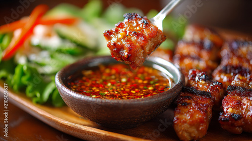 Savory grilled meat skewers accompanied by vibrant fresh vegetables and a zesty dipping sauce for an irresistible meal