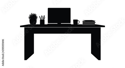 Workspace with desktop computer plant and books black silhouette desk monitor