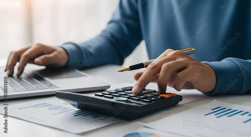 Fototapeta premium Professional Accountant Using Calculator and Laptop to Analyze Financial Data and Business Charts in a Modern Office Workspace Environment