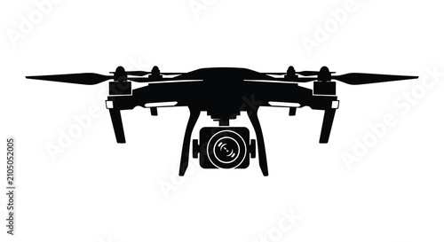 Cuadro en lienzo Quadrotor drone with propellers and camera black silhouette on white background