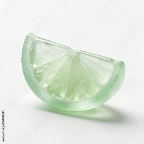 Isolated 3D render of a translucent frosted glass lime wedge with internal bubbles on white background