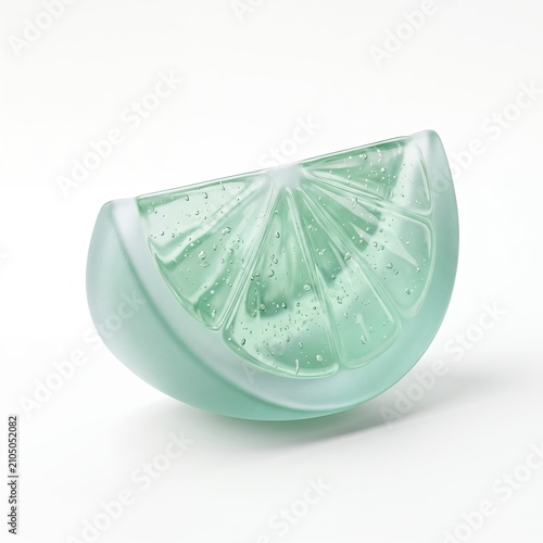 Isolated 3D render of a translucent frosted glass lime wedge with internal bubbles on white background