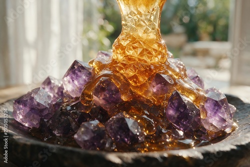 Macro close-up of crystallized honey dripping over crushed amethyst gemstones, luxury geometric texture background