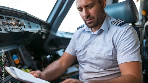 A pilot seated inside an aircraft cockpit reviewing documents while looking focused on his task
