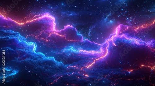 Cosmic nebula clouds, vibrant pink and blue, glowing with starlight