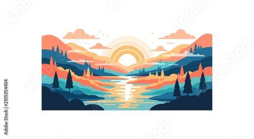 Vibrant mountain river landscape at sunset with pine trees