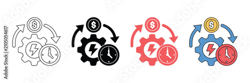 Efficiency and productivity icons, business optimization symbols with gear clock and dollar coin, workflow management vector set for financial planning