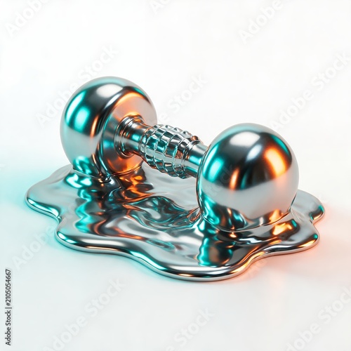 Surreal 3D isolated render of a glossy chrome dumbbell half-melted into a liquid puddle on white background