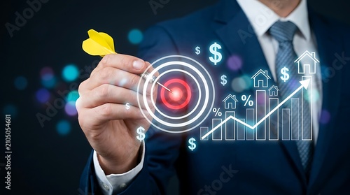 Businessman aiming dart at glowing target with financial growth chart