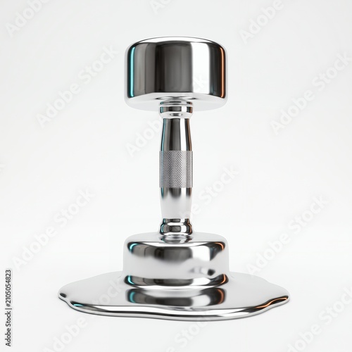 Surreal 3D isolated render of a glossy chrome dumbbell half-melted into a liquid puddle on white background