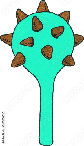 Quadro su tela Mint green round ogre club illustration with brown spikes, hand-drawn colored pencil goblin mace for Halloween creature character design, PNG format