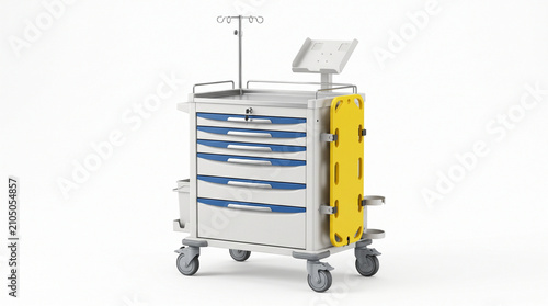Emergency crash cart ready for medical resuscitation. Life-saving hospital trolley with defibrillator and supplies for critical care.