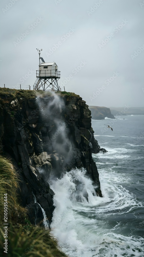 Fototapeta premium Coastal Lighthouse on Clifftop with Ocean Waves and Overcast Sky