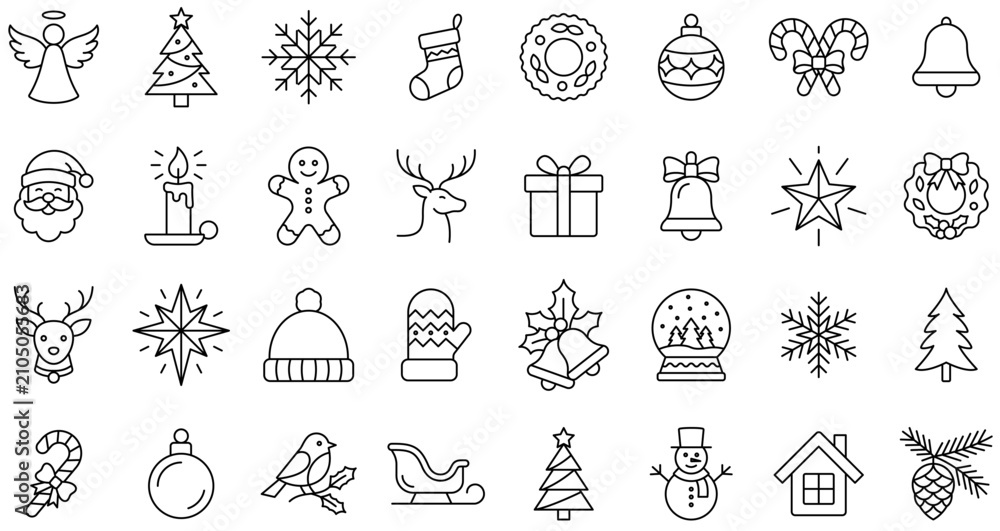 Fototapeta premium Christmas holiday line icon set for festive celebration. Vector illustration.