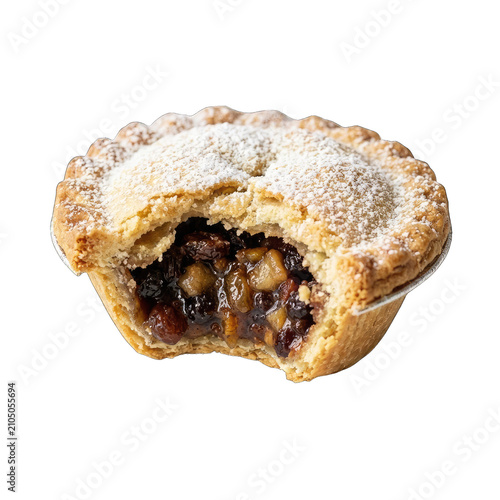 Small mince pie with a bite taken out isolated on transparent background