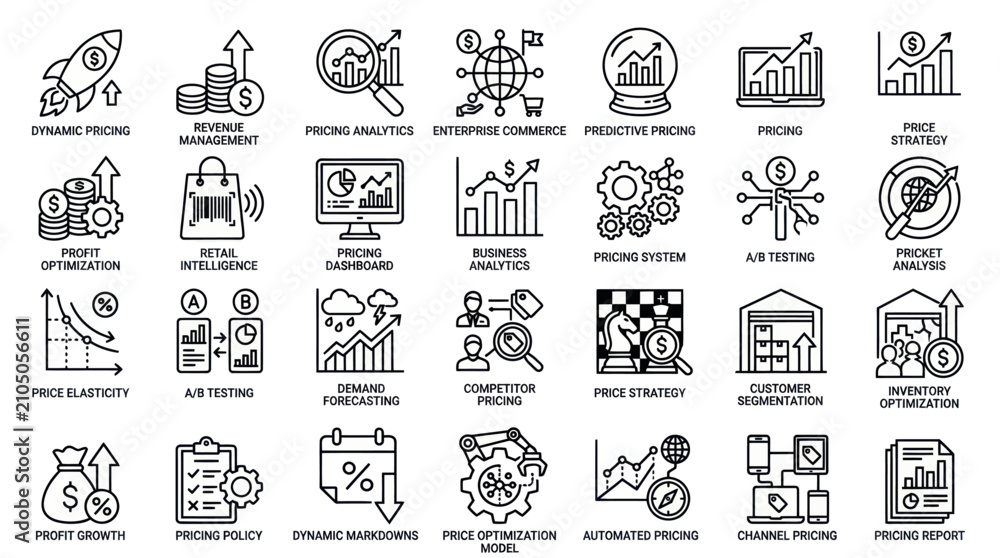 Obraz premium Revenue management and dynamic pricing business icon set.