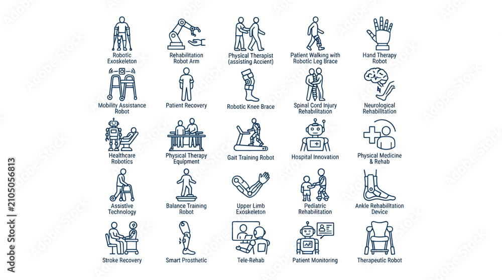 Fototapeta premium Robotic medical rehabilitation and physical therapy line icons.