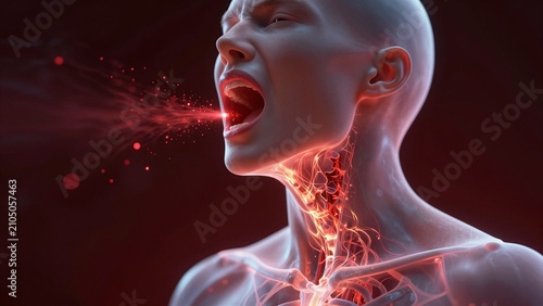 A detailed anatomical illustration of a human head and neck showing glowing respiratory system with red particles expelled from the mouth against dark background.