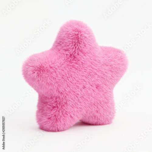 Isolated 3D Y2K aesthetic star shape covered in hyper-realistic fluffy pink faux fur on white background