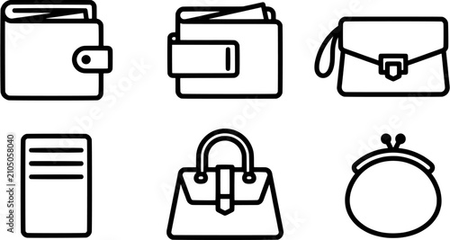 Wallet and handbag icon set in a simple outline style including folding wallet, coin purse, clutch bag and leather handbag.