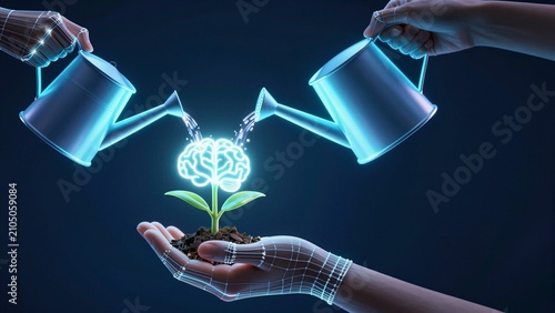 A glowing brain-shaped plant grows from soil held by a human hand while two watering cans-one robotic and one organic-pour water over it against a dark blue background.