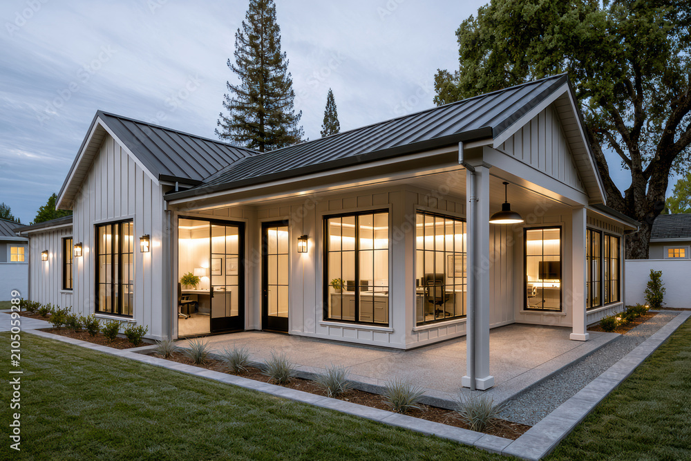 Fototapeta premium Modern home office exterior with large windows, white siding, metal roof, evening light, cozy atmosphere, backyard setting