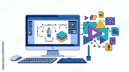 Digital creation workstation with design software and media icons