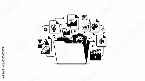 Digital creative assets organized in a folder with icons representing various media