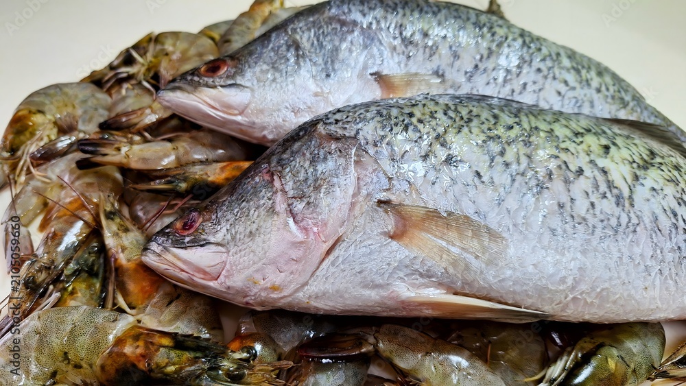 Obraz premium Fresh raw fish and shrimps, seafood background, raw food ingredient for cooking.