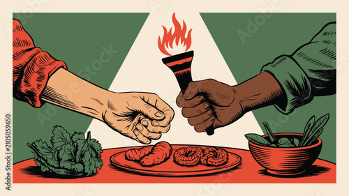 Hands reaching for healthy food and a flaming torch represent the collaborative effort and shared passion required to achieve success in a communal dining experience.