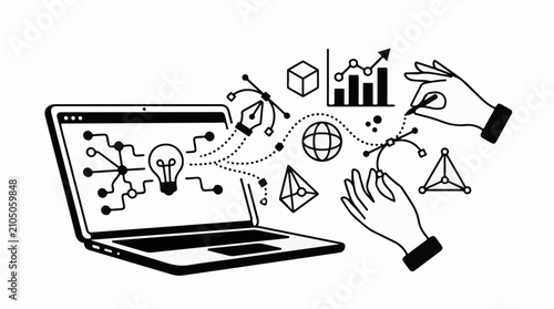 Digital creative process illustrated with laptop hands and geometric shapes