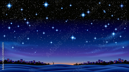 A vibrant starry night sky with a silhouette of a city skyline below, set against rolling, dark blue hills.