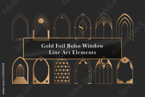Gold Foil Boho Window Line Art Geometric 12 Design Elements for Luxury Branding
