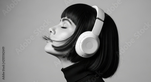 Young Woman with Bob Haircut Listening to Music with Wireless Headphones in Black and White Studio Portrait