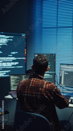Vertical Screen : Young Caucasian male programmer write code on computer in office at night. AI technology, cybersecurity, software developer, freelance innovation, database system, digital network.